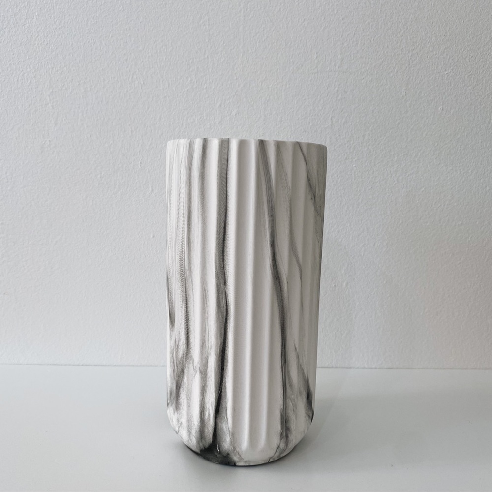 Mid Century Ribbed Ceramic White Grey Marble Vase